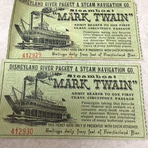Disney land 1955 opening year mark twain steamboat tickets 2 each - Picture 1 of 4